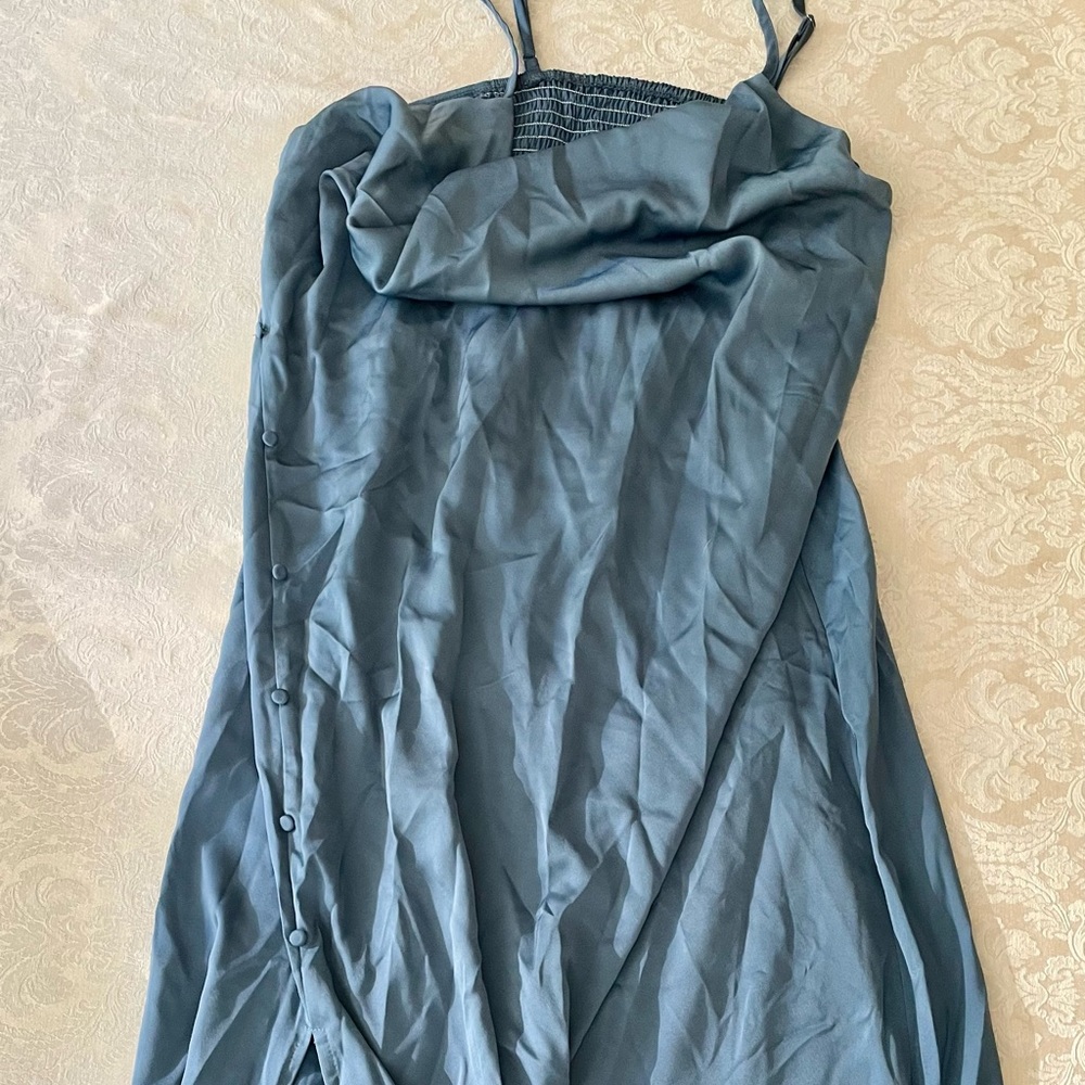 Blue cider cowl neck slit dress with side button